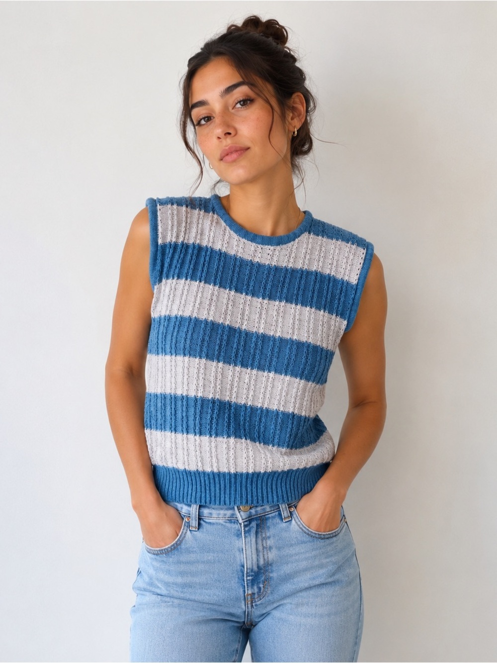 Vintage Nicole Curie Linen Cotton Knit Sweater Vest Blue Stripe Y2K Small
